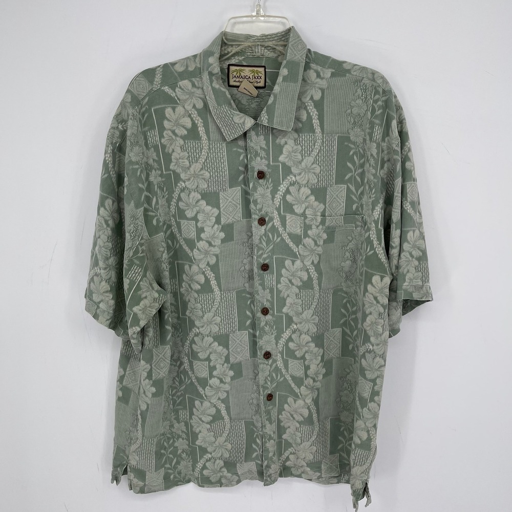 Jamaica Jaxx Men's Green Floral Jacquard Silk Button Down Hawaiian Shirt Size XL